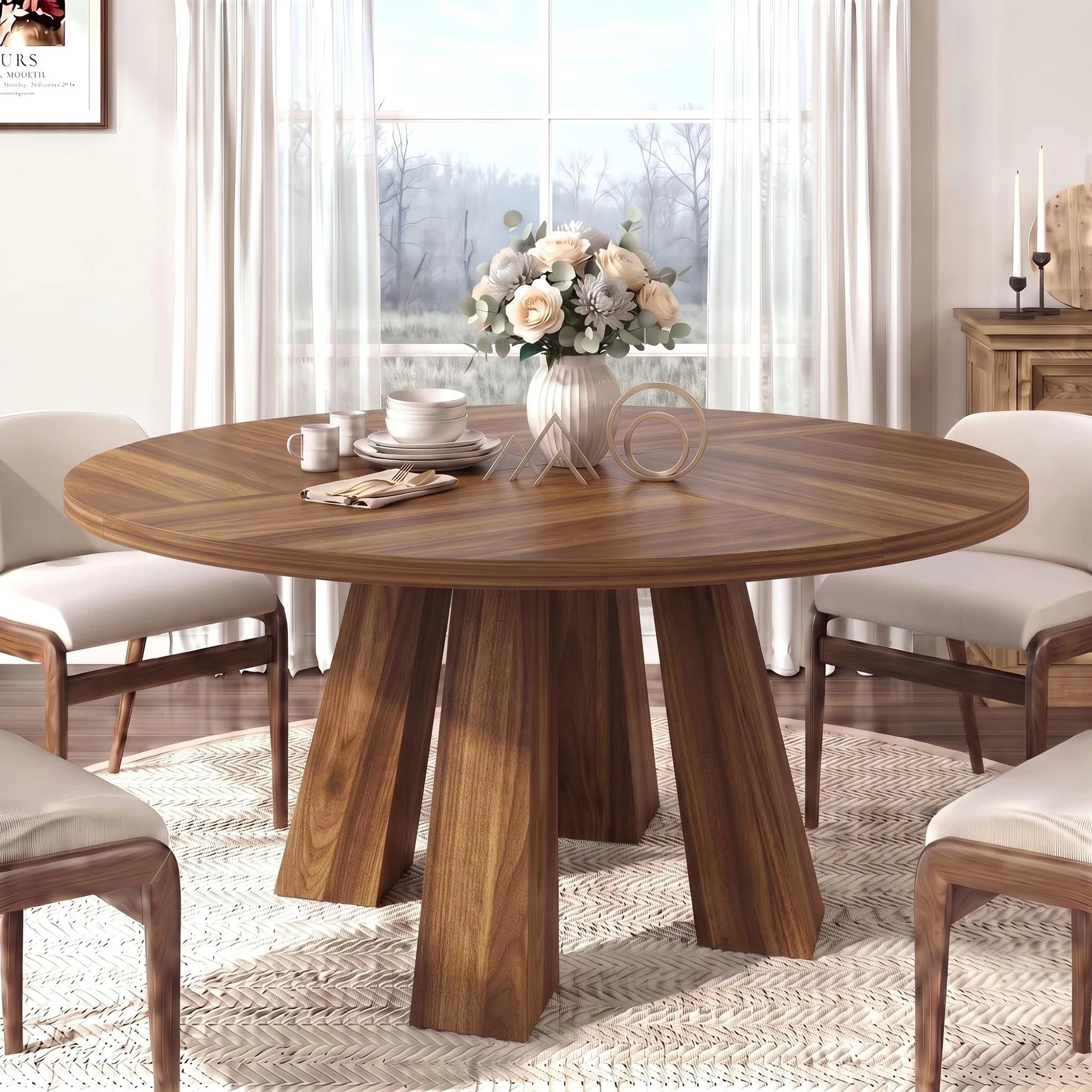 47 Inch Round Dining Table For 4-6, Farmhouse Kitchen Table With Herringbone Thick Top, 4 Leg Table For Dining Room Home