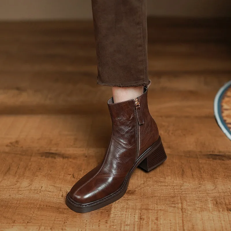 

Женские ботильоны, весна-осень 2024, британские короткие ботинки с квадратным носком, женская повседневная обувь на низком каблуке, модная кожаная обувь Mujer Botas