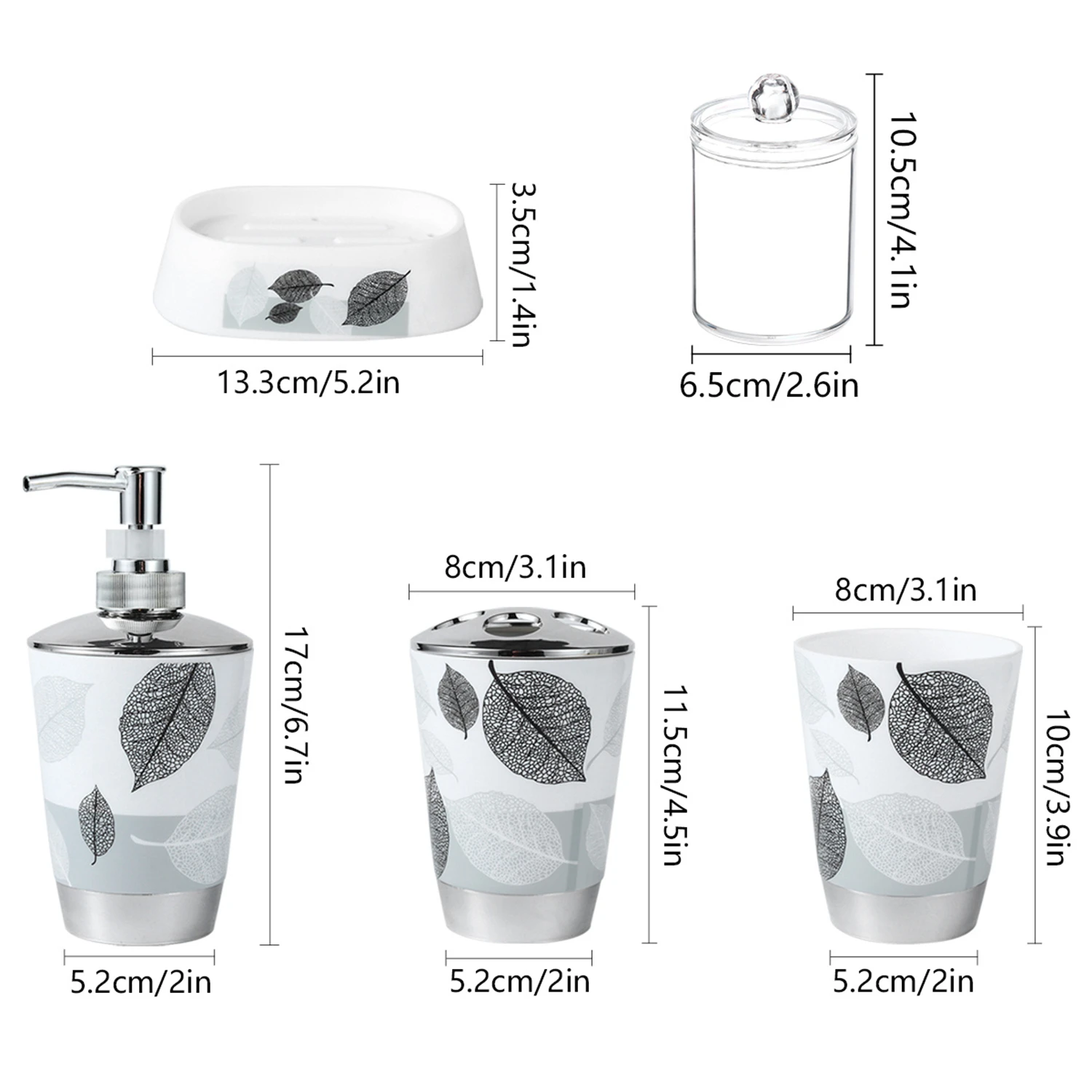 5pcs leaf bathroom set lotion bottle + toothbrush holder + mouthwash cup + soap box  + cotton swab box(spiral nozzle)