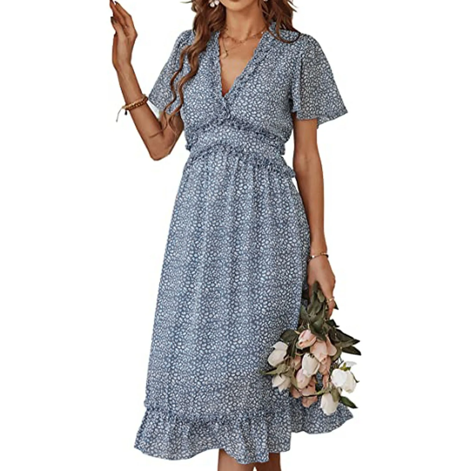 

Boho Summer Dress Women 2024 Ruffles Print V Neck Chiffon Midi Dress Wrist Flare Sleeve Empire Holiday Beach Dresses Woman