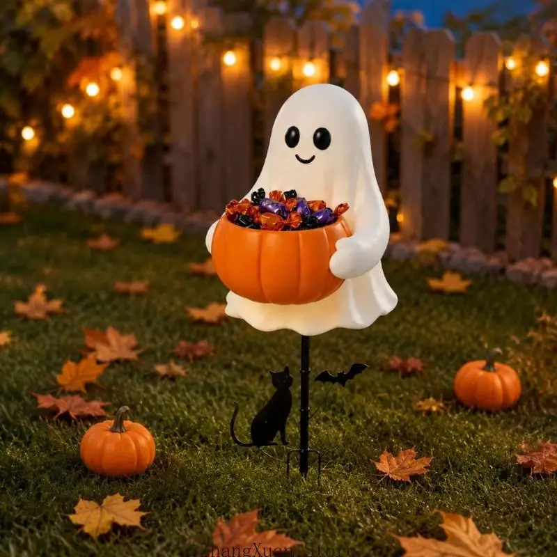 Fall Party Candy Bowl Yard Stake with Metal Figure, 30cm/11.8inch Seasonal Porch and Lawn Piece for Entry Display Use Outdoors