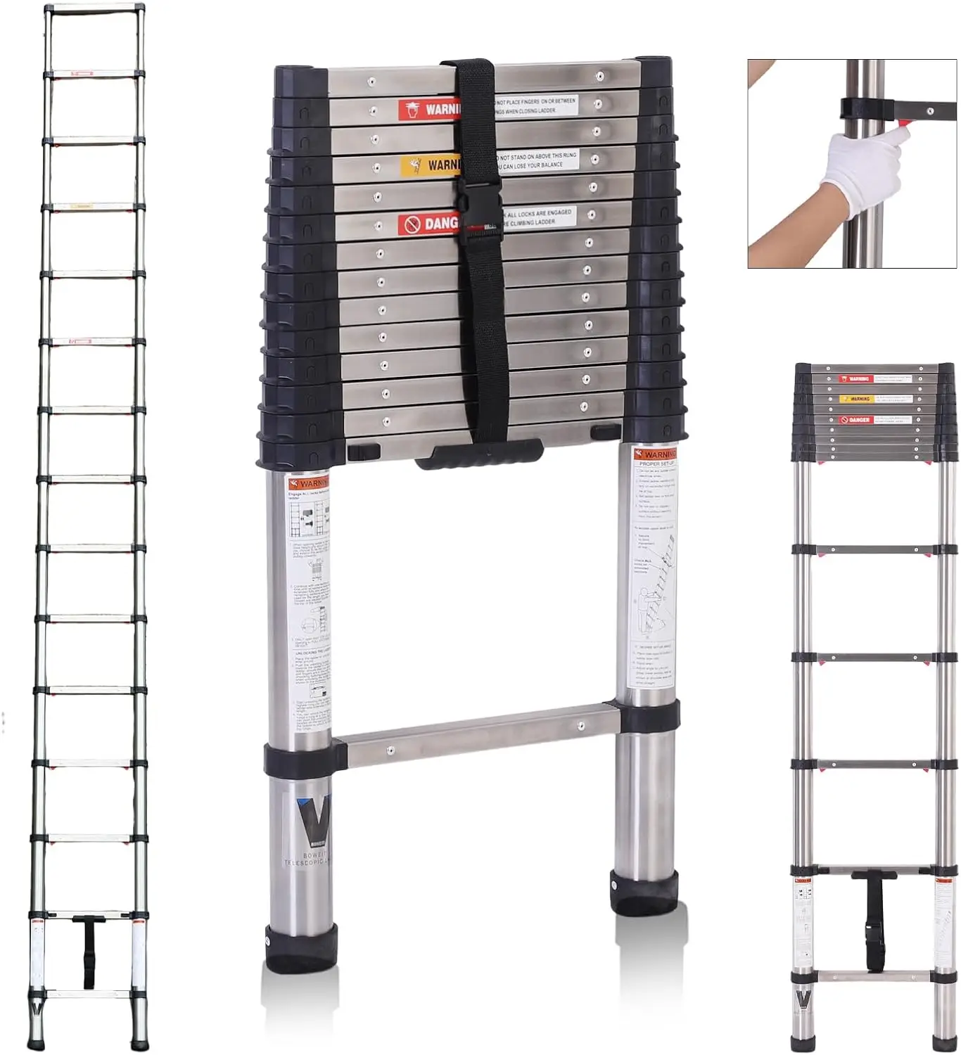 Ladder 14.5FT,BOWEITI Extension Step Ladder One Button Retraction,Stainless Steel Collapsible Ladder Slow Down Design for Home R