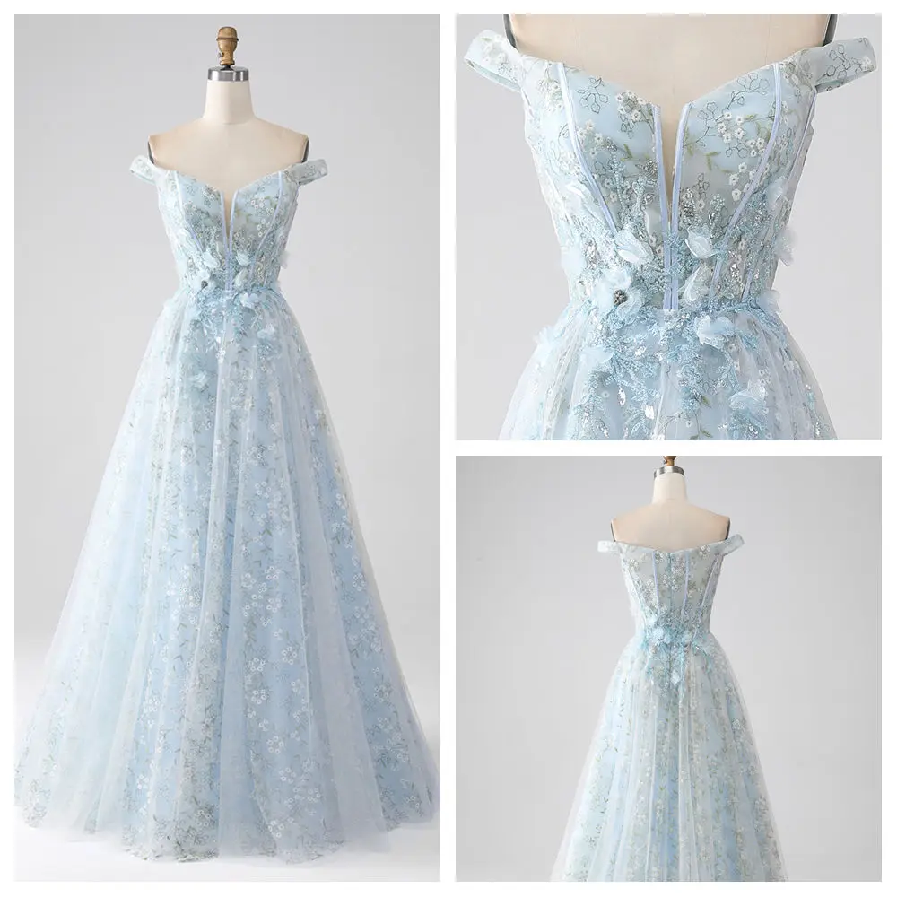 

Customized A-line Evening Dresses Off The Shoulder V-Neck Long Prom Gown Sequined Beading Lace Appliques Backless Party Dress