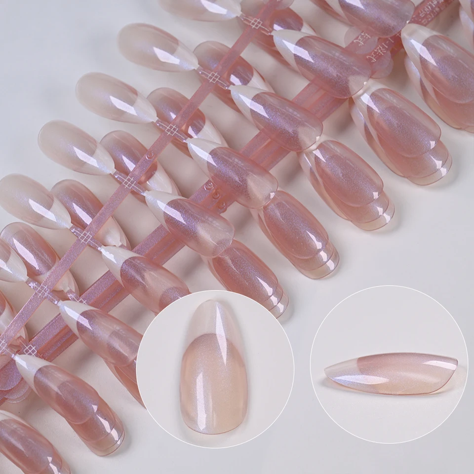 120pcs uñas postizas francesas perladas, cortas almendra, de cobertura total, borde blanco, 12 tallas, rosas 3