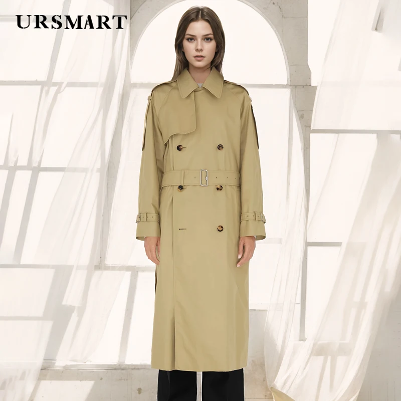 

Classic Khaki Double-Breasted Knee-Length Women's Trench Coat – Custom Practical Casual Comfortable Cotton Windbreaker