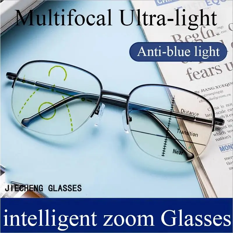 Große Halbrahmen-Lesebrille aus Metall und Titan mit Gleitsichtgläsern für Damen und Herren, Blaulichtfilter und UV-Schutz für Weitsichtigkeit – Detail 3