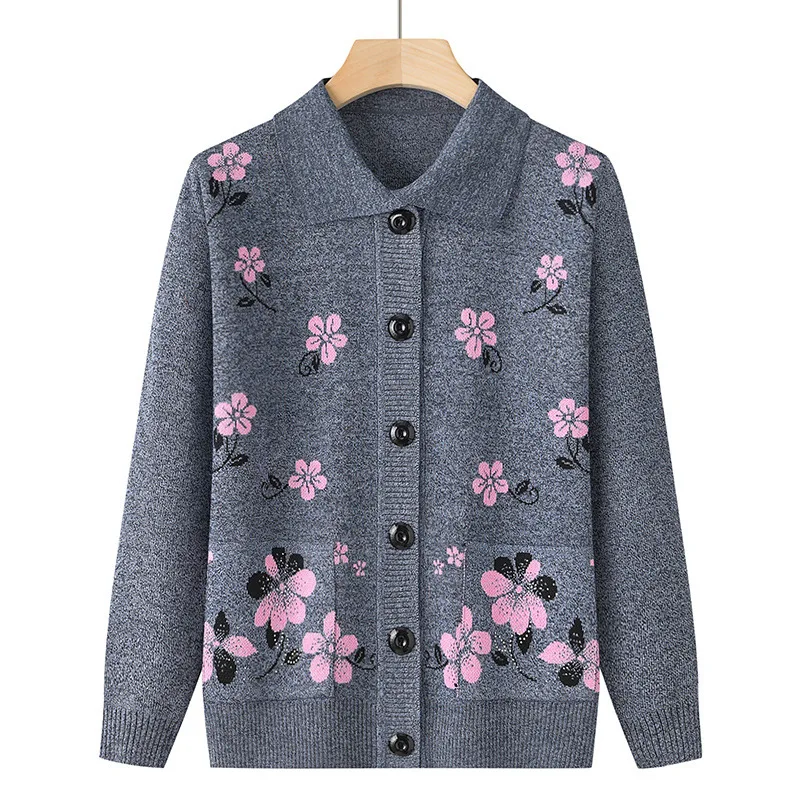 Grandma's Spring Autumn Cardigan Lapel Sweater Winter Womens Clothing Vintage Knitting Middle Aged Mother Knitwears Coat