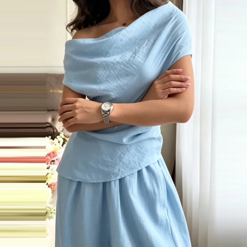 

Temperament One Collar Waist Cinch Suit Elegant Irregular Top+Lantern Pants 2pc Set Chic Solid Off Shoulder Pleat Commute Outfit