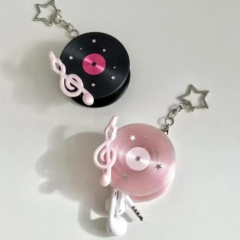 【Y】Y2K Vintage Record Shaped Earphone Cable Winder Portable Cord Holder With Keychain Ins Headphone Cable Organizer Bag Charm
