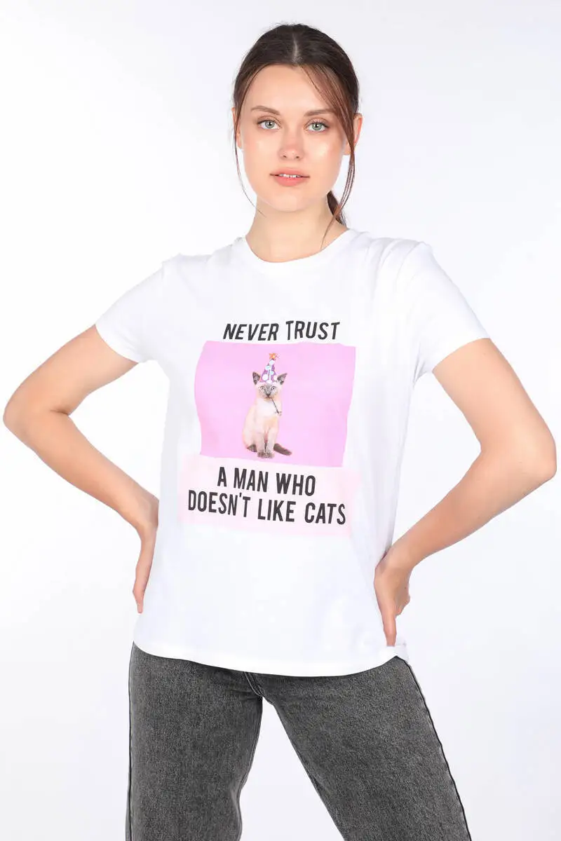 Women's White Cat Printed T-shirt