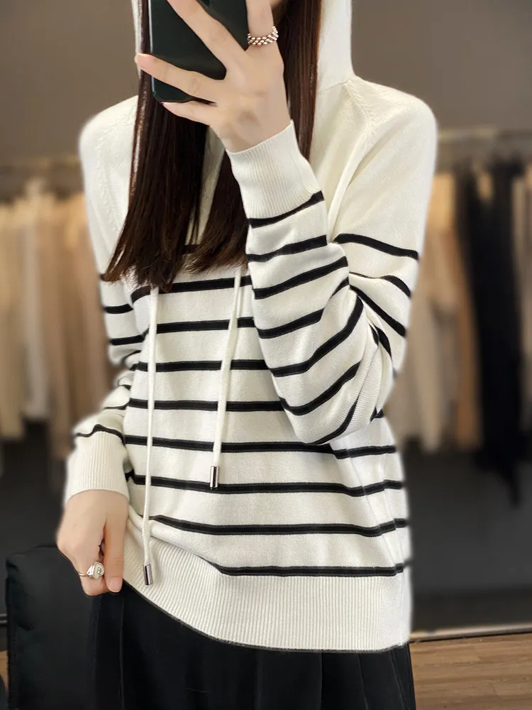 

Модный вязаный свитер с капюшоном в полоску, женский свободный повседневный топ для ношения поверх одежды, омолаживающий внутренний слой