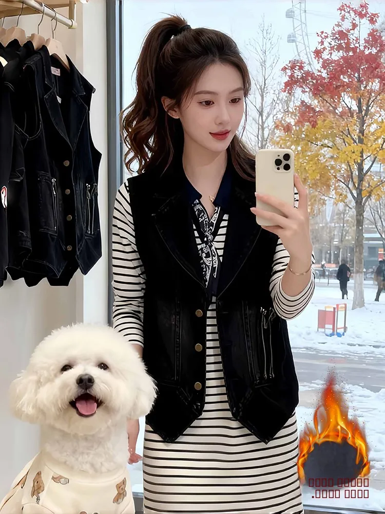 

Thiened Fce Denim Vest Women's Large Size Jaet Commute Sle Korean Version Winter New Arrival Street Sle Jeans Vest