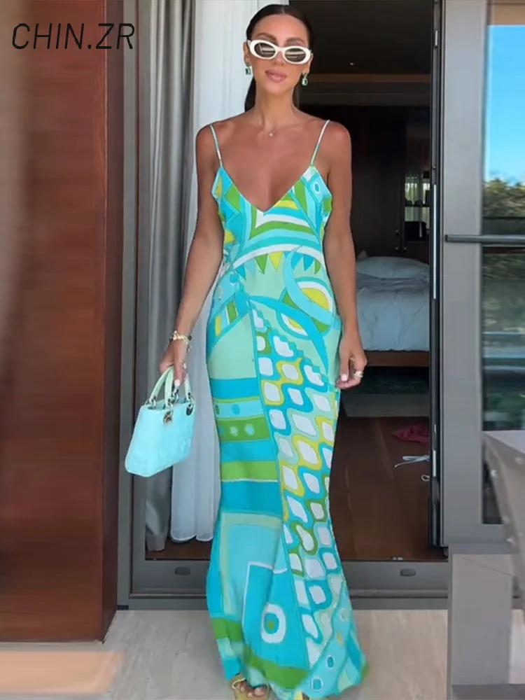 Vestido largo con tirantes y estampado sexi para mujer, vestidos de playa ajustados con cuello en V sin mangas y espalda descubierta para mujer, batas elegantes para vacaciones de verano 2025