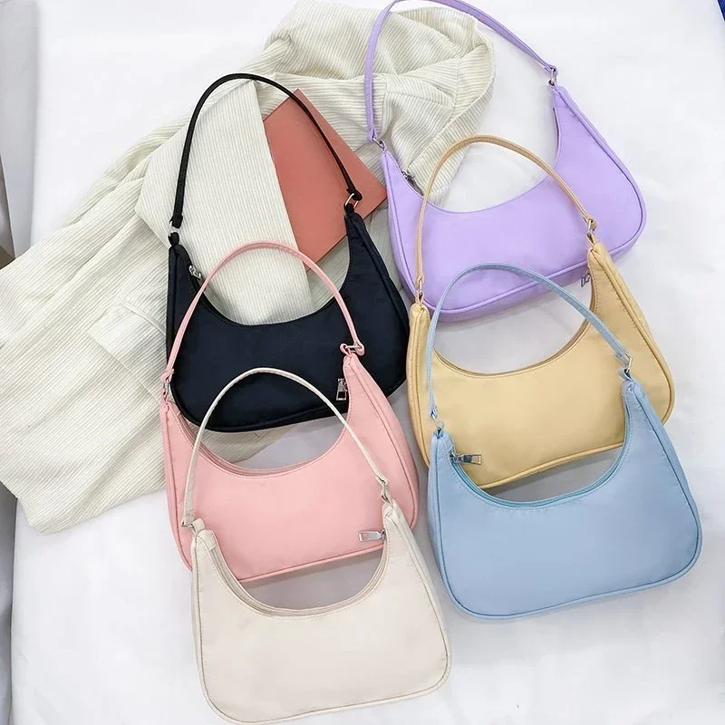 Fashion Nylon Single Shoulder Bag for Women Summer Simple Solid Color Small Purse Handbag