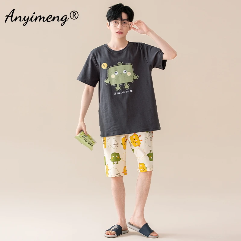 High Quality Pj for Boy Sleeping Lingerie Man Cartoon Sleepwear 100% Cotton Mens Shorts Summer New Male Short Sleeves Pajamas