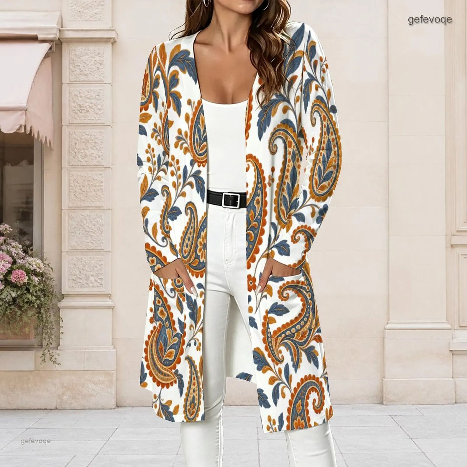 Women Paisley Printed Long Sleeve Open Front Longline Cardigan, White Base with Blue and Orange Motifs