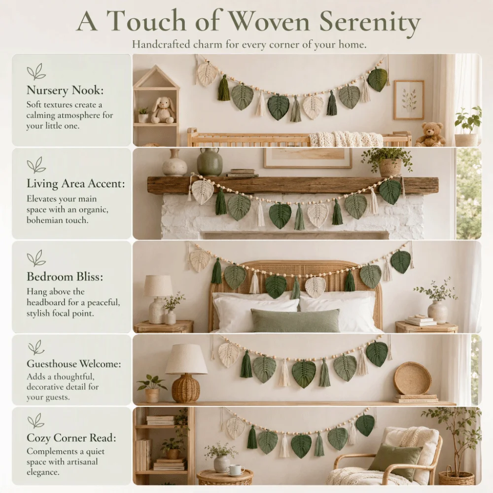 Warm Earth Tone 150cm Wall Hanging Garland Leaves Wooden Beads Woven Tapestry Green Yarn Tassels Tassel Wall Decor Livingroom