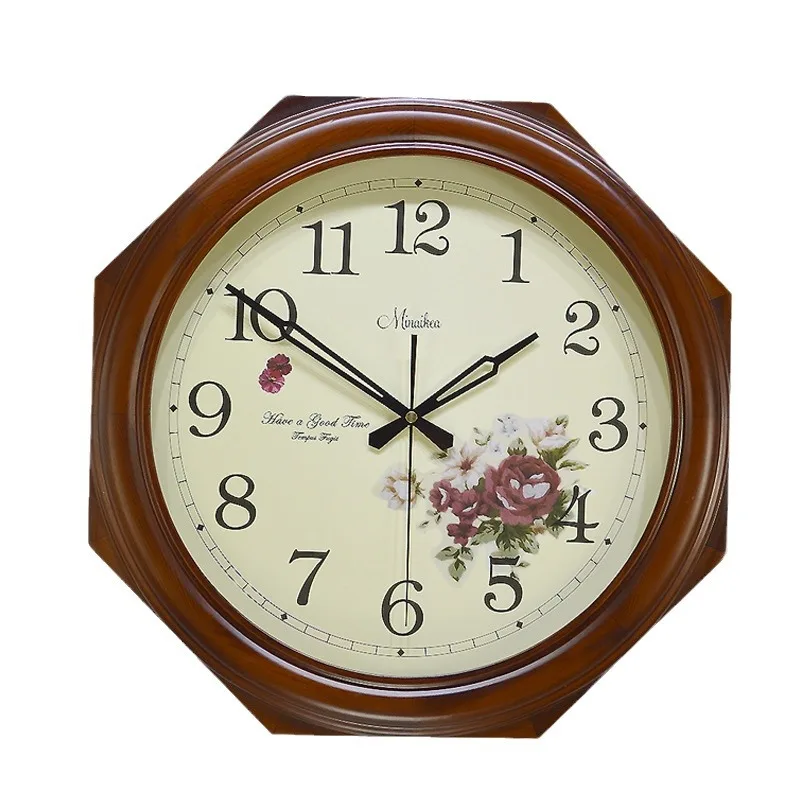 

Korean creative octagonal solid wood pastoral ultra-quiet living room bedroom wall clock fashionable and simple quartz