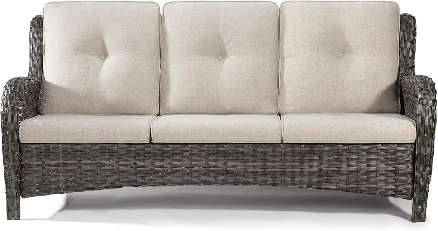 Joyside Outdoor Patio Couch Wicker Sofa - 3-osobowa sofa rattanowa do ogrodu na zewnątrz patio z głębokimi siedzeniami i poduszkami Olefin (Mi