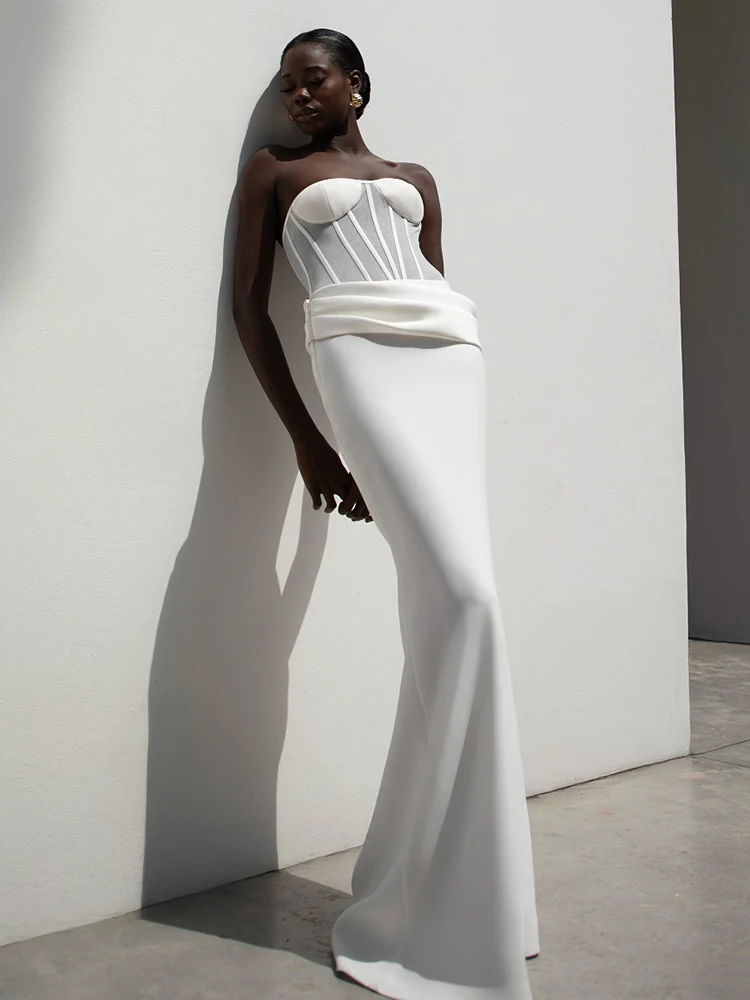 

Сексуальный белый корсет без бретелек, длинные платья - прозрачный лиф с высокой талией, вечернее платье без рукавов, облегающее тонкое свадебное платье