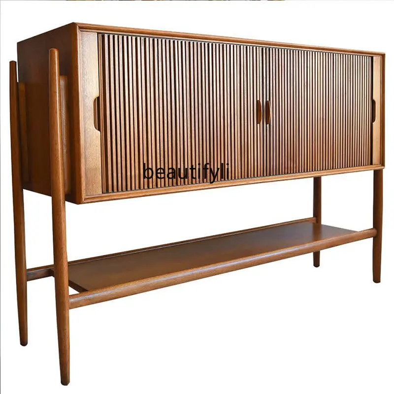 High-Leg Sideboard Cabinet Nordic Teak Long Side Cabinet Multi-Functional Shutter Door Solid Wood Entrance Cabinet furniture