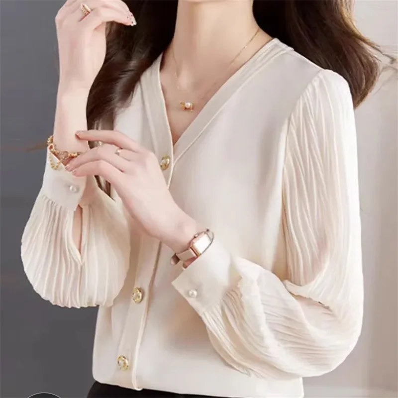 Loose Chiffon Shirt Female Blouse Tops Lantern Sleeve Pleated Top OL V-neck Cardigan Women Shirts Leisure Woman Clothes Blous