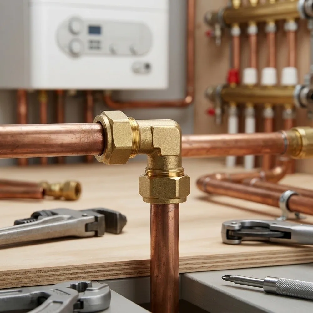 Brass 45 Degree Flared Pipe Fitting 44.5x16x16mm For Floor Heating And HVAC Copper Tube Connection Leak Free Adapter