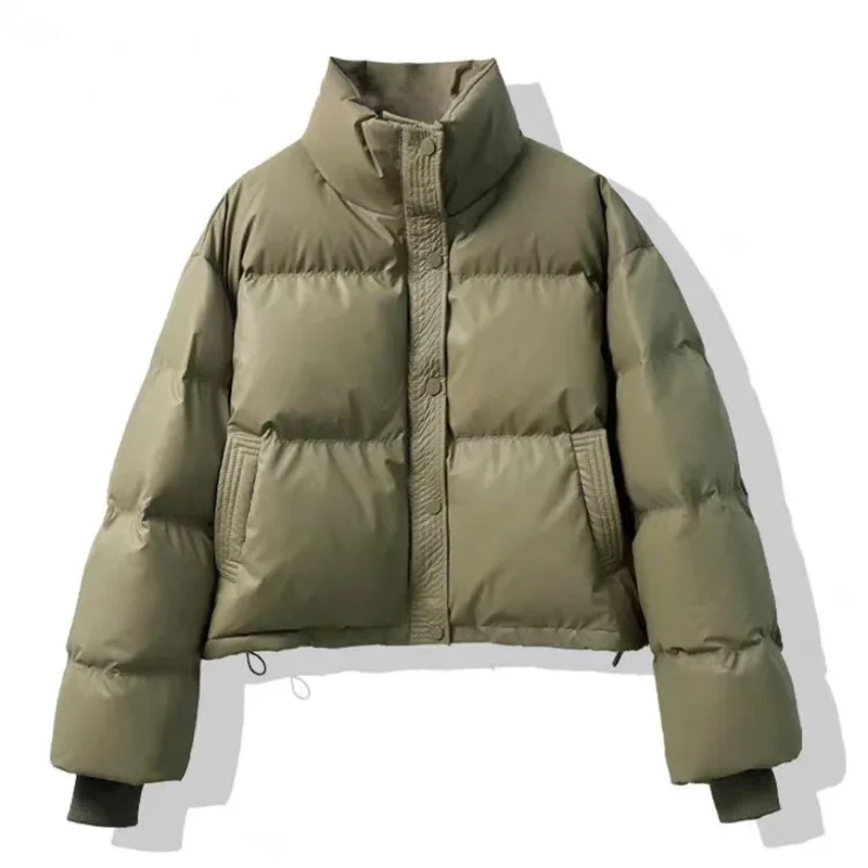 Female Fashion Drawstring Thickened Loose Short Coats Women Cotton Padded Jacket Winter Warm Stand Collar Zipper Puffer Parkas