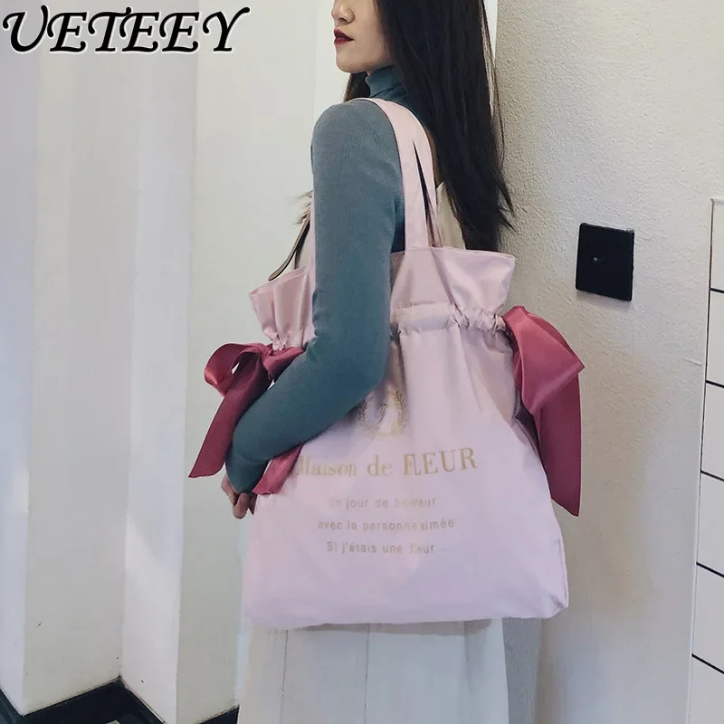 Japanese New Gentle Lolita Cherry Blossom Pink Cute Ballet Girl Bow Shoulder Bag Student Tote Bag Fashion Sweet Shopping Pouch