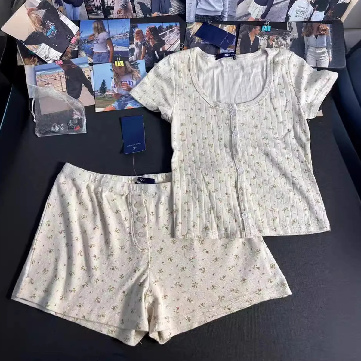 

Футболка в полоску с люверсами и цветочным принтом, шорты, комплект из 2 предметов, женские летние футболки с короткими рукавами, комплекты с короткими штанами для девочек, милая пижама Y2K 2025