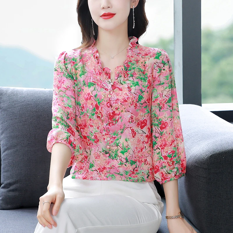 M-4XL Elegant Fashion Women Chiffon shirt Retro Floral Printed Tops Spring Summer Casual Button Pullovers Blouse