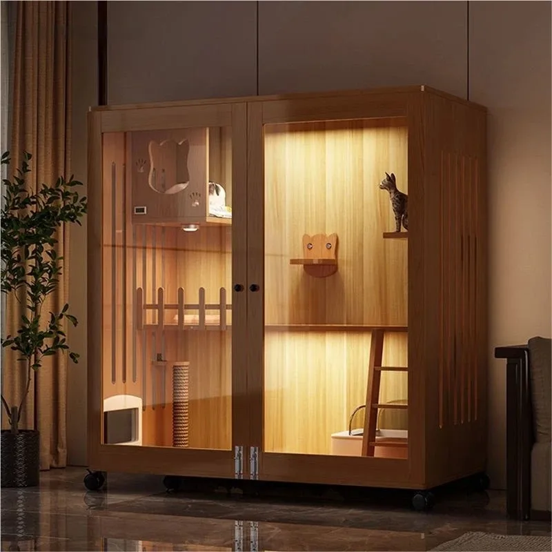 Modern Double Layer Waterproof Solid Wood Cat Villa Rectangular Multi Function Indoor Cat Cabinet Cage
