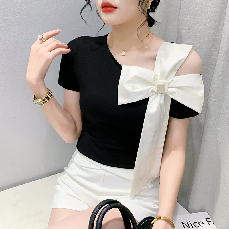 2023 Summer Korean Style New T-Shirt Chic Sexy Hollow Out Skew Collar Color Blocking Big Bow Women Tops Short Sleeve Tees 32480