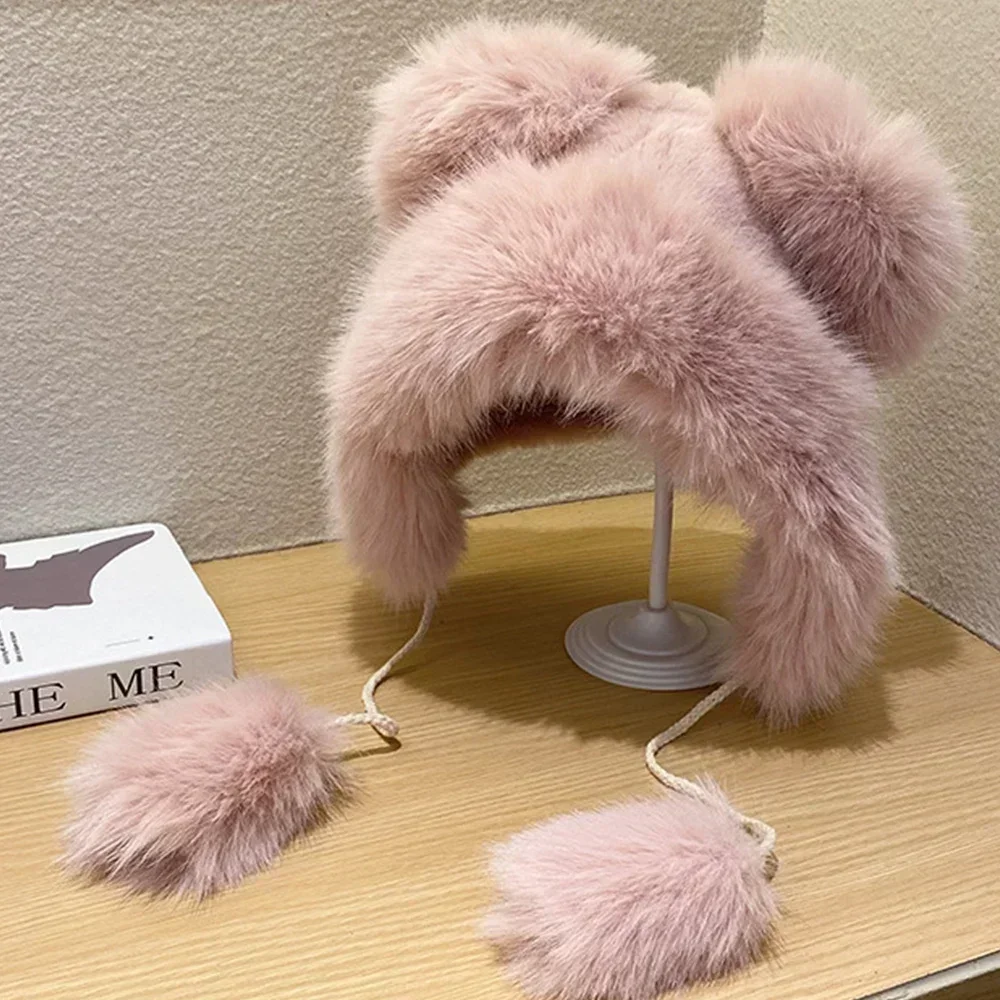 Feminino bonito urso orelha kawaii chapéu de pele de raposa imitação de vison pelúcia inverno quente engrossado japonês bombardeiro chapéu proteção de orelha cosplay boné