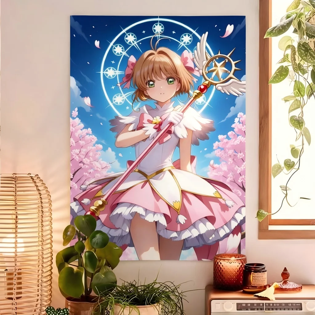 C-Cardcaptor Sakura Kawaii Pastel Tapestry Pink Magic Cherry Blossom Magic Circle Anime Wall Hanging Teen Girls Dorm Bedroom