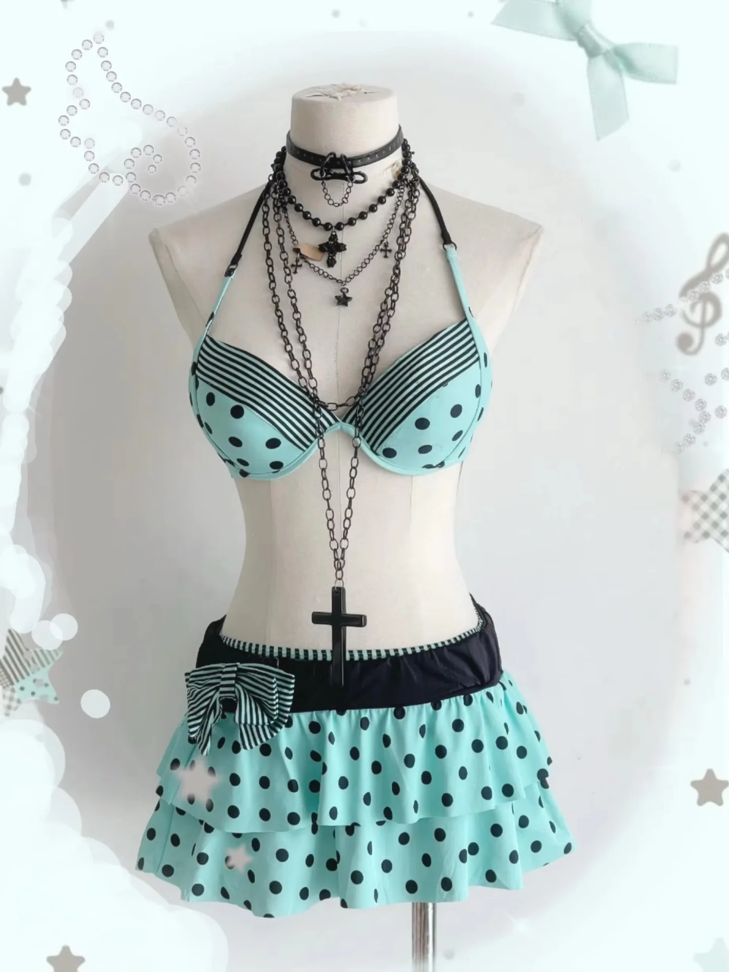 2026 Neuer Y2K Süßer, cooler mintgrüner Wellenpunkt-Bikini mit hängendem Hals und geteiltem Badeanzug, 3-teiliges Set mit Kuchenrock für Damen – Detail 2