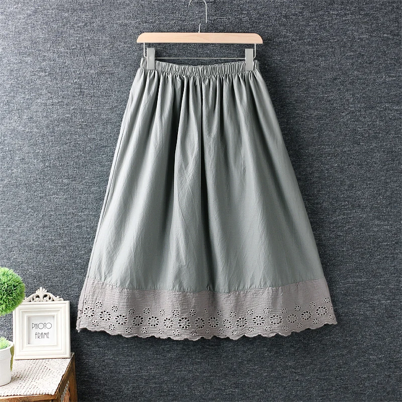 Sprign Summer Sweet Mori Girl Solid Color Hollow Out Hem Patchwork A-Line Skirt Women Elastic Waist Casual Loose Midi Skirts