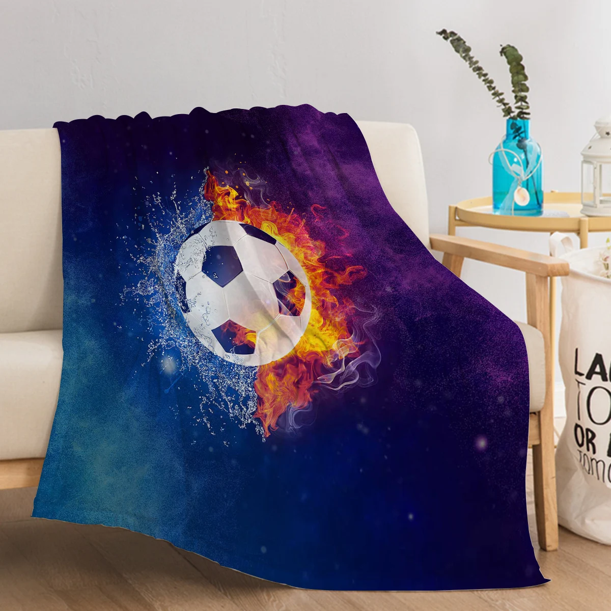 Football Fire and Water Throw Blanket Football Blanket Throw Gifts for Boys Girls Cozy Blanket for Couch Sofa Bed Living Room