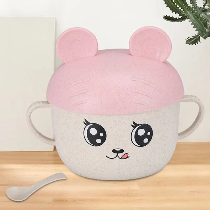 1 PCS Cute Cartoon Childrens Wheat Straw Tableware Set Food Bowl Soup Rice Bowl Kindergarten Tableware Bowl With Lid And Spoon