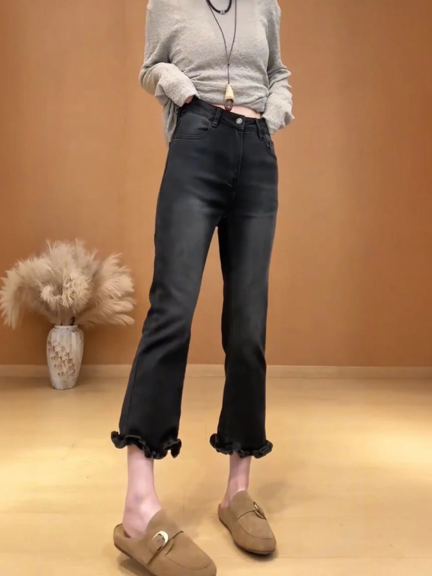Retro Wood Grain Design Flared Jeans Women's plus Size Fashionable Versatile Slimming Nine-Piece Denim Jeans Casual High...