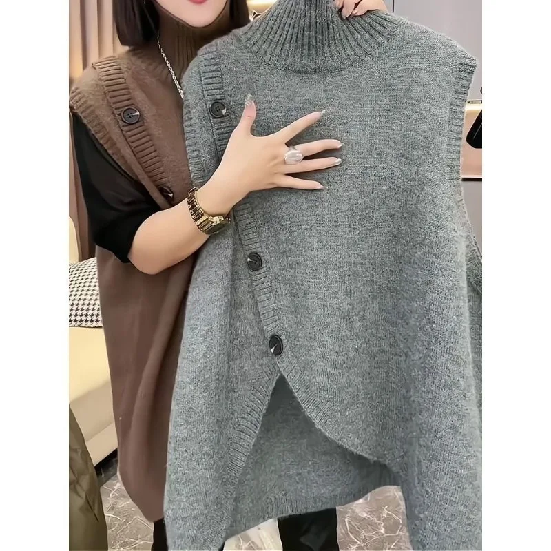 

Women Sleeveles long Sweater Vests Vintage Irregular Spliced Button Knitwear Outerwear Pullovers Elegant Turtleneck Loose Vests