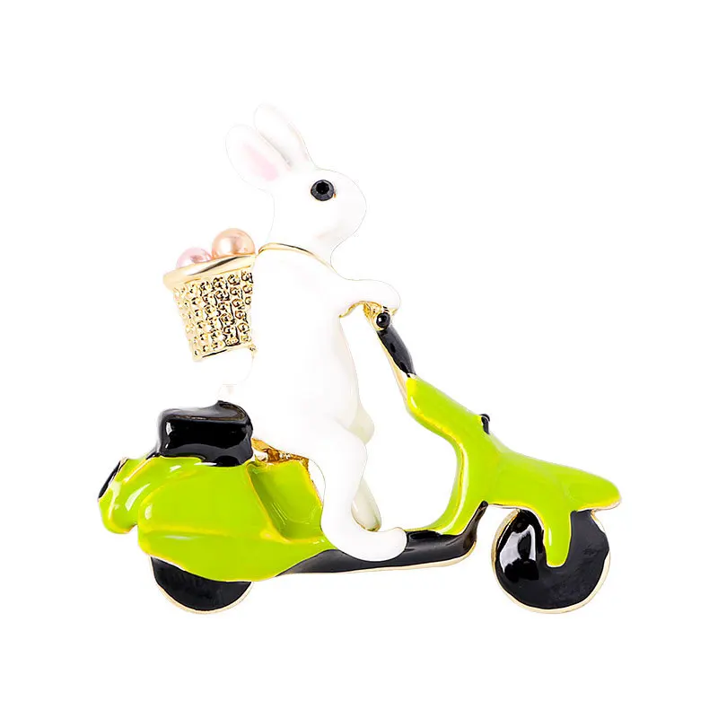 Enamel Cyclist White Rabbit Brooch Riding Electric Bicycle Carrying a Basket Cartoon Animal Bunny Brooch Pin for Women Jewelry