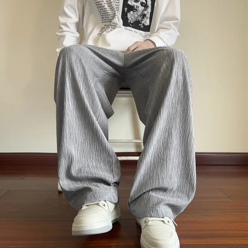 Summer Casual Pants Men Oversized Wide Leg Pants Men Japanese Streetwear Loose Ice Silk Pants Men Pleated Trousers M-3XL