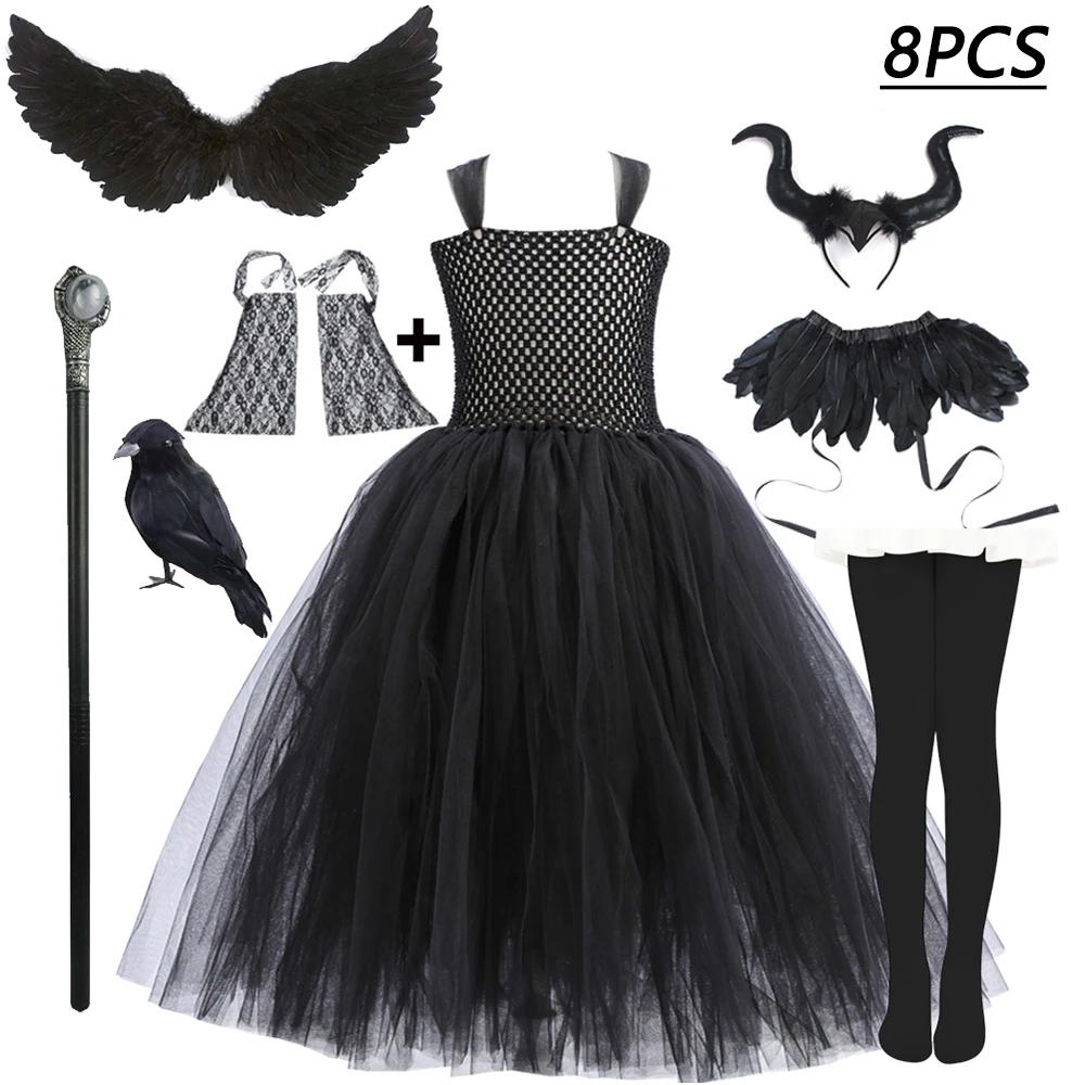 Kids Role Play Dress Girls Dark Angel Cosplay Tulle Dress with Horn Wings Gothic Halloween Fancy Costume for Party Dress Up image 3