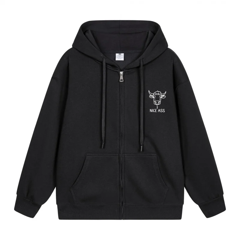 

Men's Zip-Up Hoodie Black Hoodie With White Logo 2025 New Style Casual Couples’ Style Casual and Loose