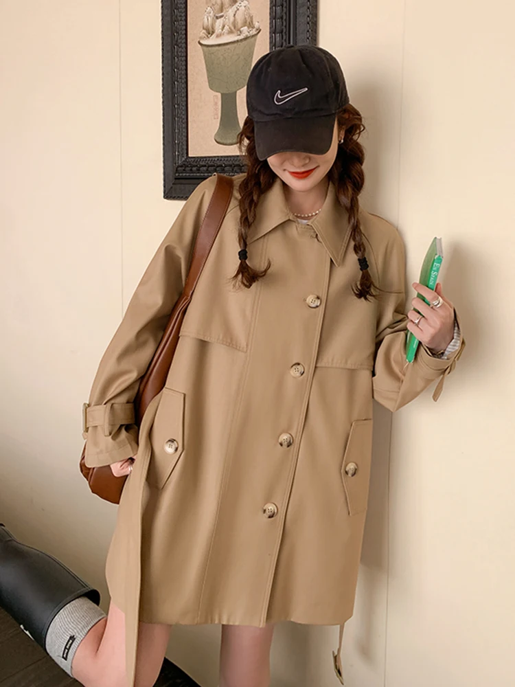 

Женское пальто цвета хаки, повседневное, средней длины, в британском стиле, весна-осень, новое, маленький размер, для повседневной носки, из смесового хлопка и полиэстера
