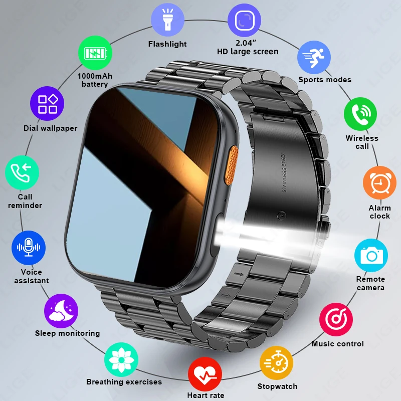 

LIGE Smart Watch Men 1000mAh LED Flashlight SmartWatch 2.04"Full Circle Touch Screen Bluetooth Call IP68 Sports Smartwatch