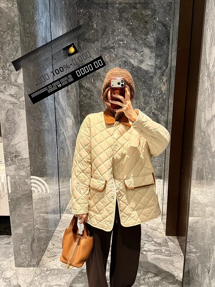 

Thiened Full Wool Filling Jaet Women's Casual Mid-Length Cotton Coat Warm Diamond Pattern New Sle 200g Woolen Coat