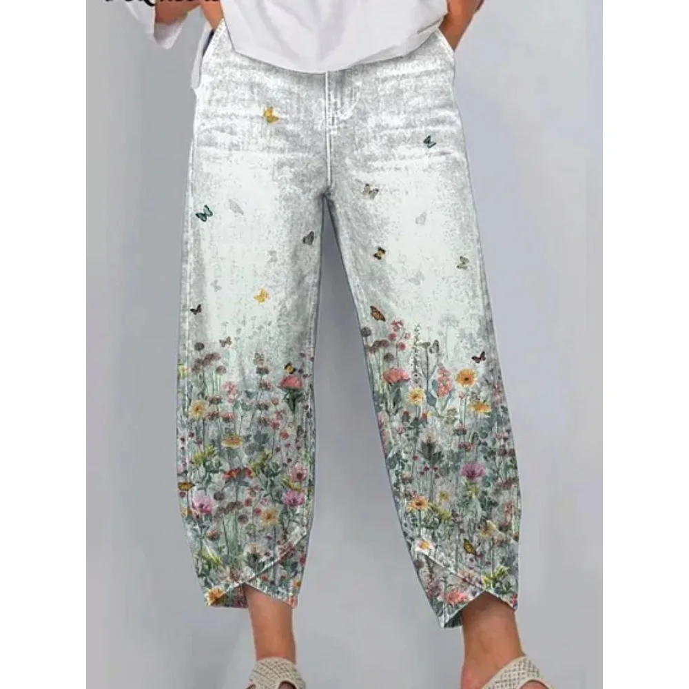 Damen Baumwoll-Haremshose mit Japanischem Ukiyo-E Wellen- und Blumenmuster, Locker Geschnittene Caprihose in Tulpenform, Knöchellange Freizeithose – Detail 2