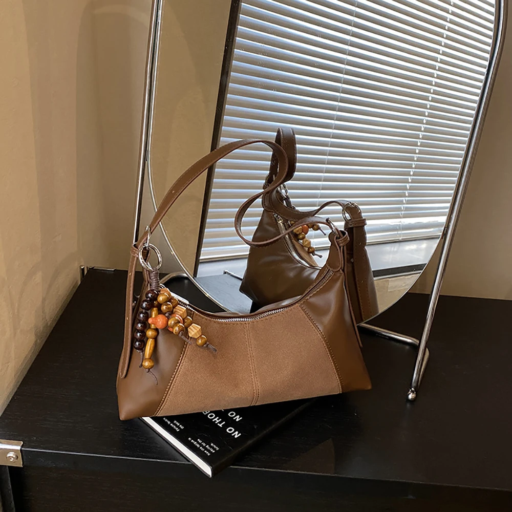 Frosted Pu Patchwork One Shoulder Bag Women's Korean Fashion Light Luxury Underarm Bags High Grade Daily Commute Armpit Packs